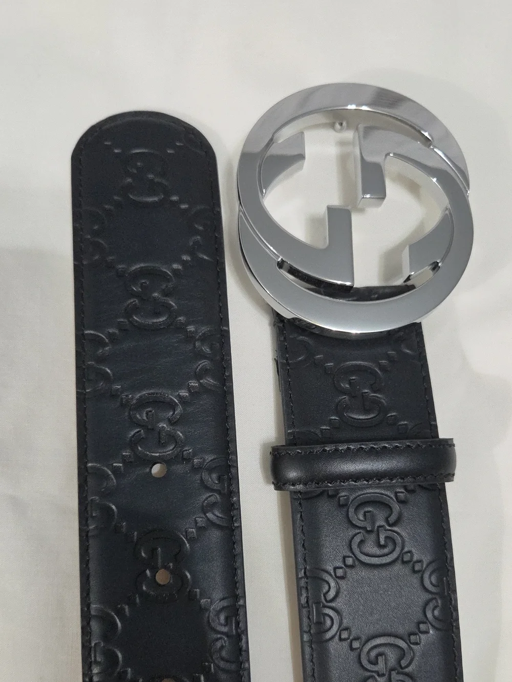 Gucci Black Leather Monogram Belt Silver Double GG Buckle 95cm